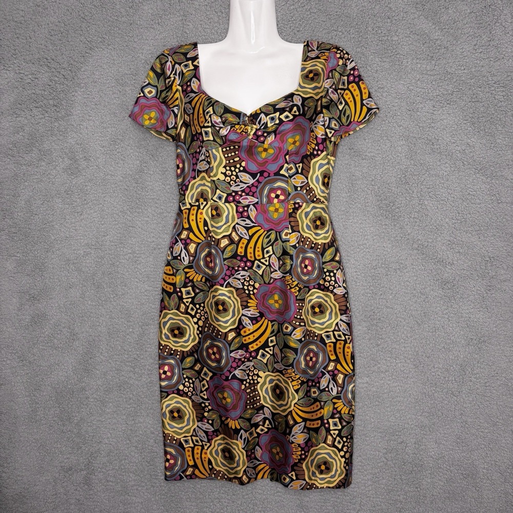 David Meister Dress Women 2 Multicolor Floral Silk Sheath Ruching Cocktail Party
